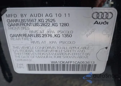 2012 Audi Q5 3.2 Premium Plus z USA, uszkodzony, nr VIN WA1DKAFP1CA053613